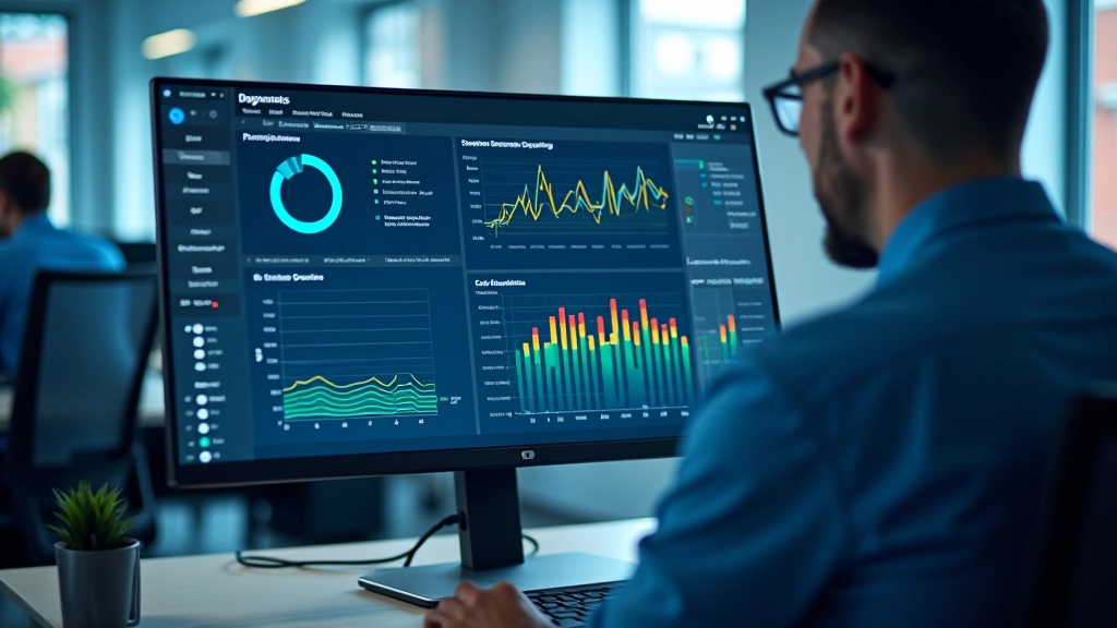 Ecrã de computador mostrando ferramentas de diagnóstico remoto com gráficos de desempenho em tempo real