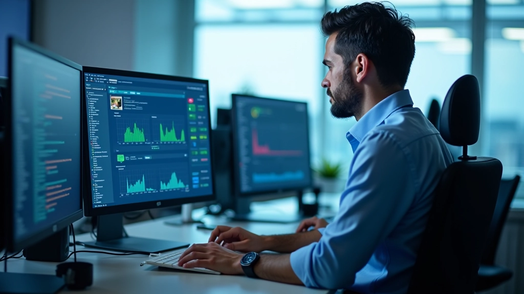 Ambiente profissional de diagnóstico de computadores com múltiplos monitores e ferramentas de análise de hardware