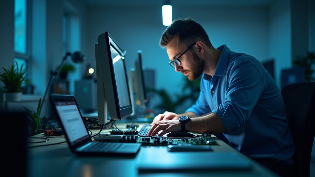 Técnico a trabalhar com ferramentas de diagnóstico de hardware